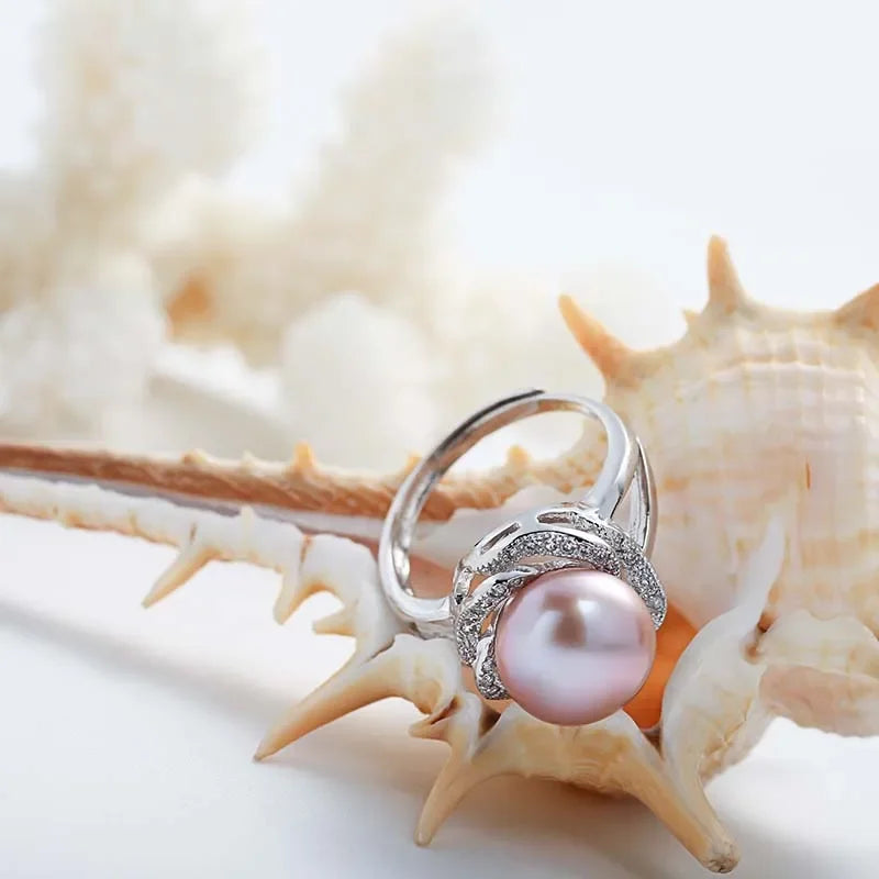 Bague en argent sterling 925 pour femme, grande perle naturelle, anneau en pierre réglable, perle blanche/rose/violette,