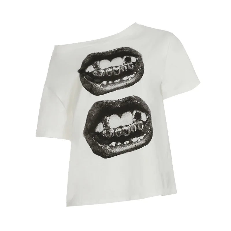 Rue hip hop style bouche impression simple épaule lâche t-shirt style décontracté été contraste couleur mince sexy hors épaule vêtements
