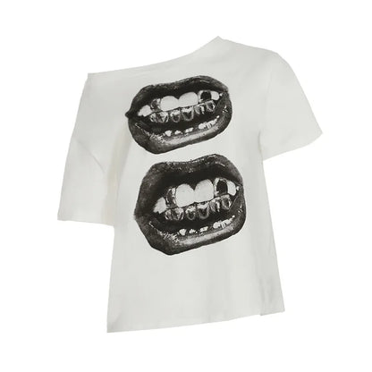 Rue hip hop style bouche impression simple épaule lâche t-shirt style décontracté été contraste couleur mince sexy hors épaule vêtements