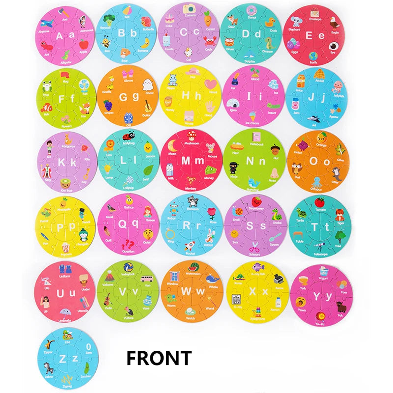 Puzzle Double face 36 pièces pour enfants, Puzzle d'animaux à chiffres de lettres, Puzzle circulaire, apprentissage des lettres anglaises, des chiffres et des mots