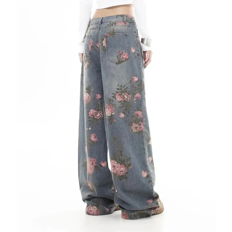 Jean Baggy à fleurs bleues pour femmes Y2K, Harajuku japonais, esthétique, taille haute, jambes larges, pantalon rétro, vêtements 2025
