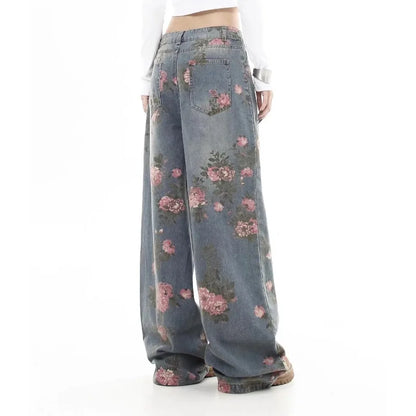 Jean Baggy à fleurs bleues pour femmes Y2K, Harajuku japonais, esthétique, taille haute, jambes larges, pantalon rétro, vêtements 2025