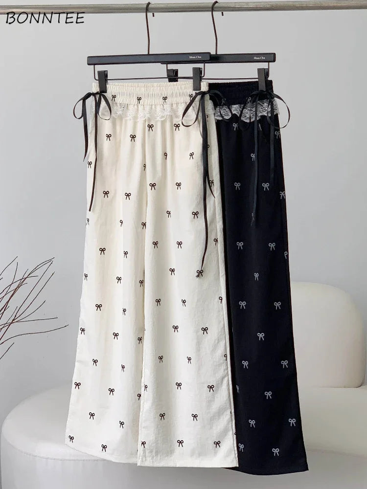 Viser décontractés pour femmes, Baggy Sweet Bow Design, Taille élastique, Esthétique Ulzzang, Jogging polyvalent, viser à jambes larges, Mode