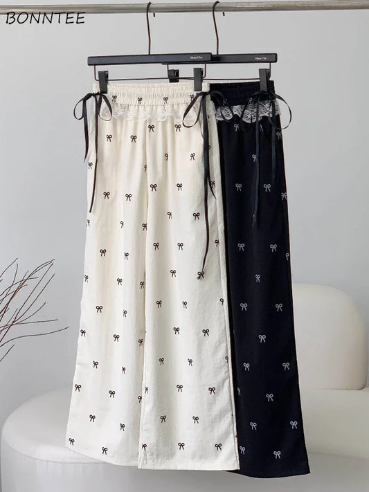 Viser décontractés pour femmes, Baggy Sweet Bow Design, Taille élastique, Esthétique Ulzzang, Jogging polyvalent, viser à jambes larges, Mode