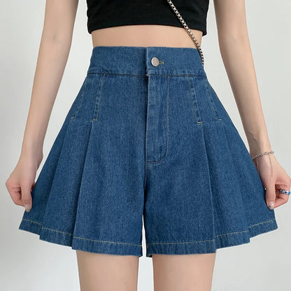 Short en Denim ample pour femmes, taille haute plissée, Mini court, ligne A, jambes larges, décontracté, été, 2025, Y2k