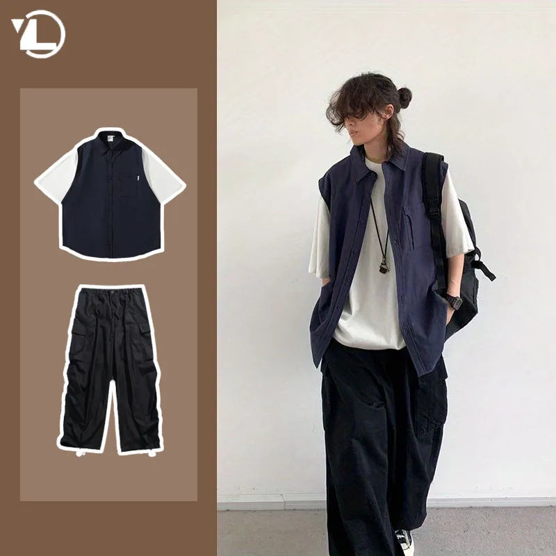 Ensemble deux pièces patchwork japonais pour hommes, chemises et pantalons cargo à manches courtes, faux deux demi-manches, poches, décontracté, couple, été