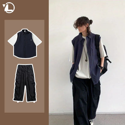 Ensemble deux pièces patchwork japonais pour hommes, chemises et pantalons cargo à manches courtes, faux deux demi-manches, poches, décontracté, couple, été