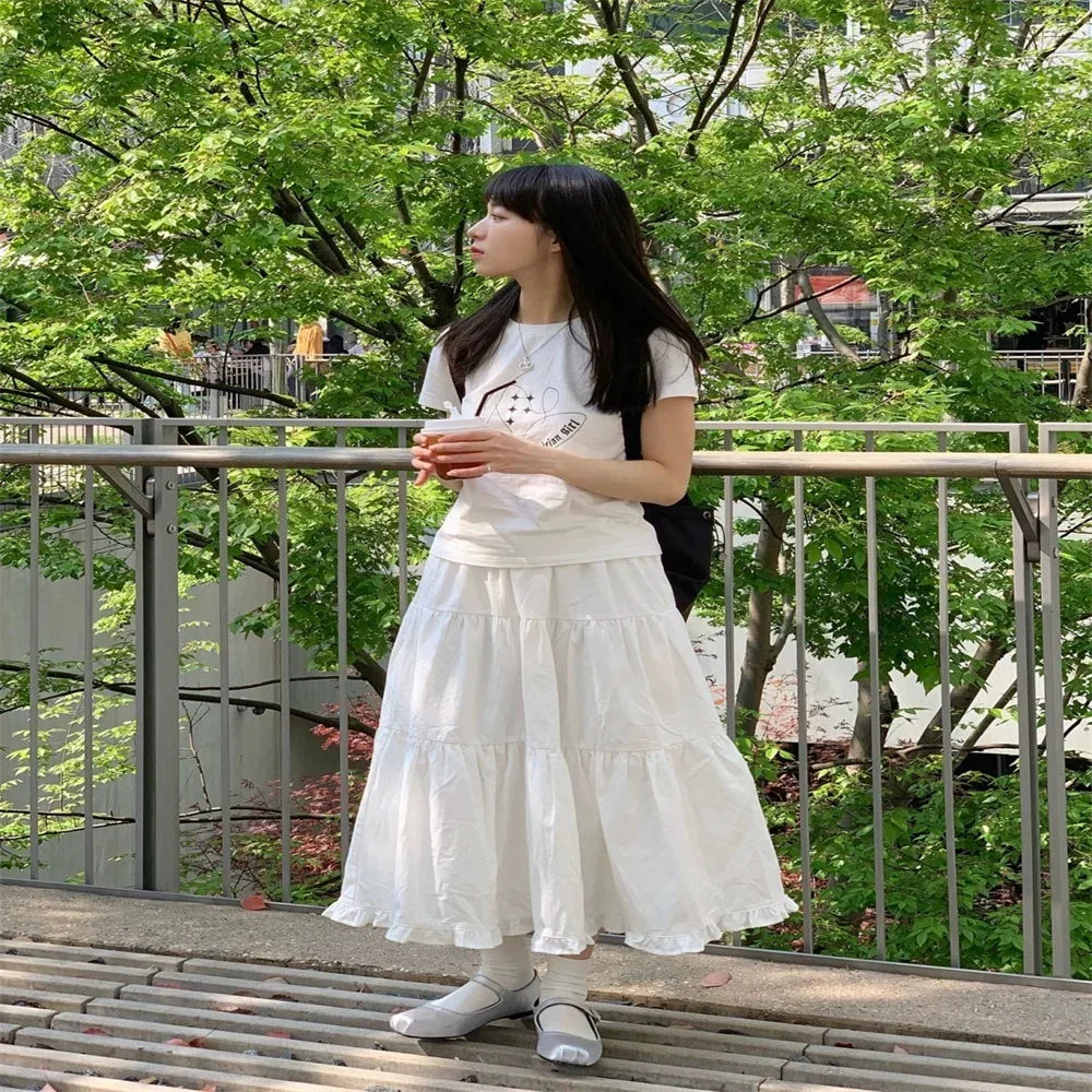 Jupe longue blanche en coton taille haute pour femmes, jupes de gâteau, mode coréenne, doux, simple, adt, ligne A, nouveau, été, 2024