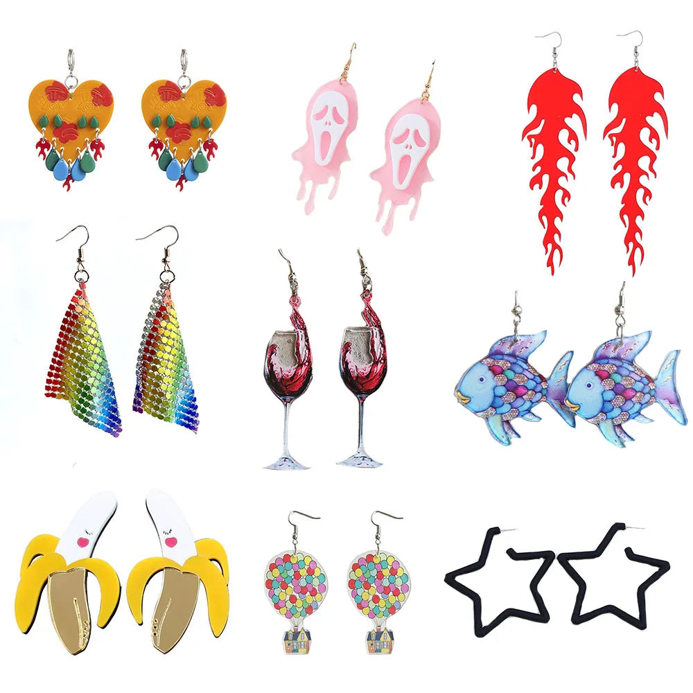 Boucles d'oreilles en acrylique JeTassel pour femmes, flammes européennes, gouttes, coeur, crâne, lame de chat, bijoux punk, gels de poisson, étoile