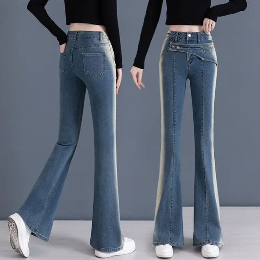 Jean évasé bleu nickel é vintage pour femme, pantalon taille haute, poche complète, polyvalent, simple, décontracté, printemps, automne