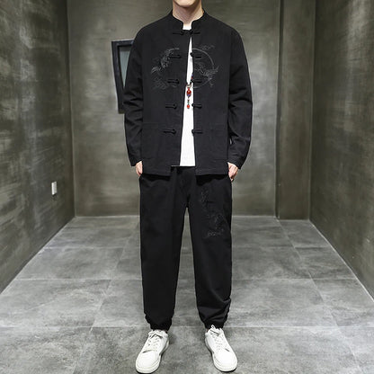 Ensemble deux pièces de style chinois pour hommes, chemise et pantalon, broderie, lin, coton trempé, décontracté, rétro, Kungfu, fjfu