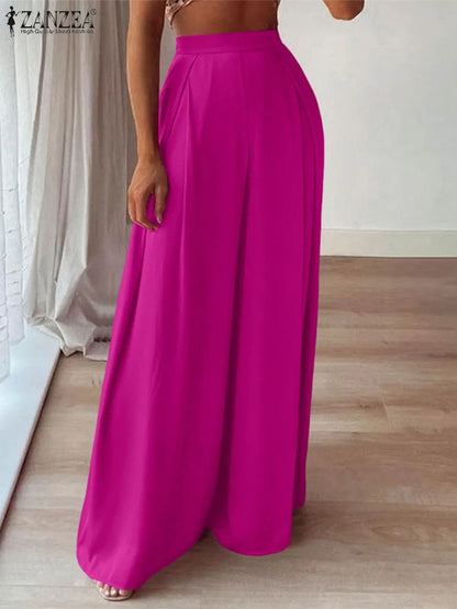 ZANZEA 2025 Pantalon d'été femmes taille haute Baggy Pantalon élégant travail OL Pantalon solide Long Palazzo élégant ample jambe large Pantalon