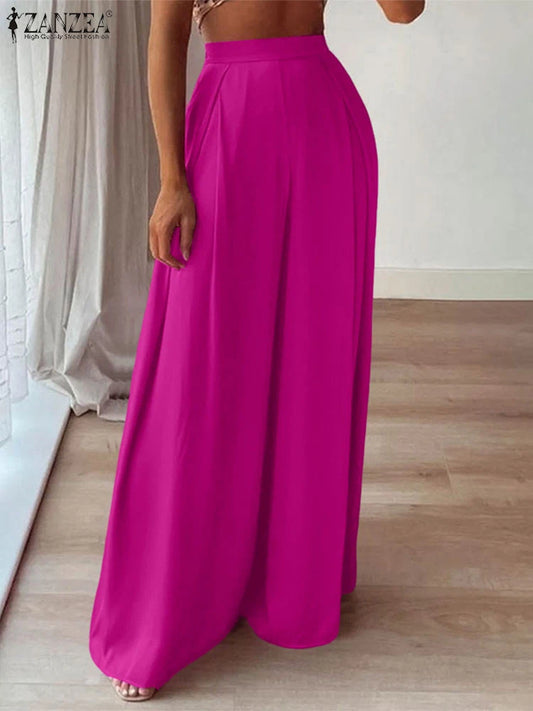 ZANZEA 2025 Pantalon d'été femmes taille haute Baggy Pantalon élégant travail OL Pantalon solide Long Palazzo élégant ample jambe large Pantalon