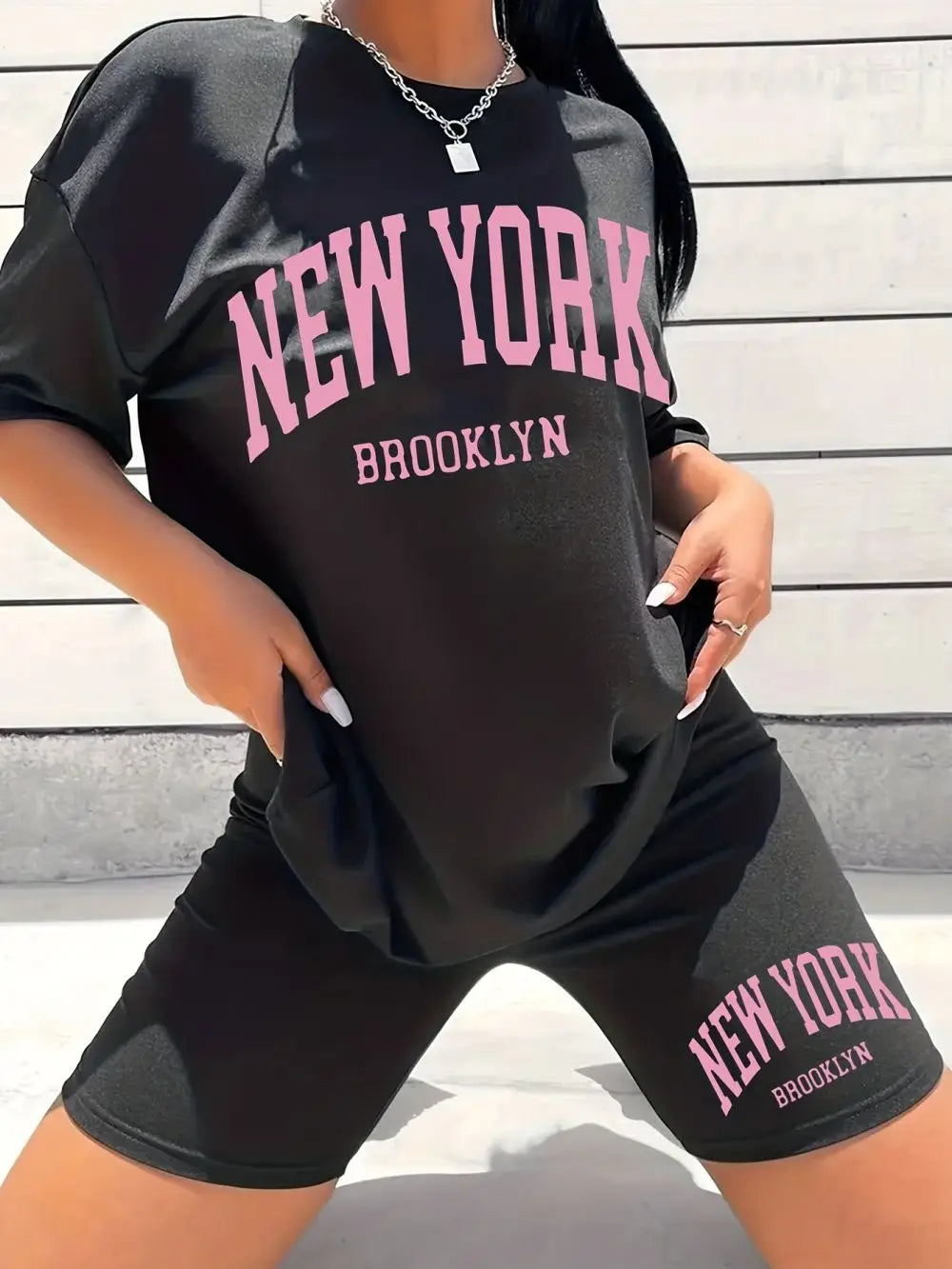 Ensemble deux pièces imprimé lettre New York Brooklyn pour femme, manches courtes, mode décontractée, col rond, vêtements d'été