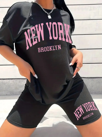 Ensemble deux pièces imprimé lettre New York Brooklyn pour femme, manches courtes, mode décontractée, col rond, vêtements d'été