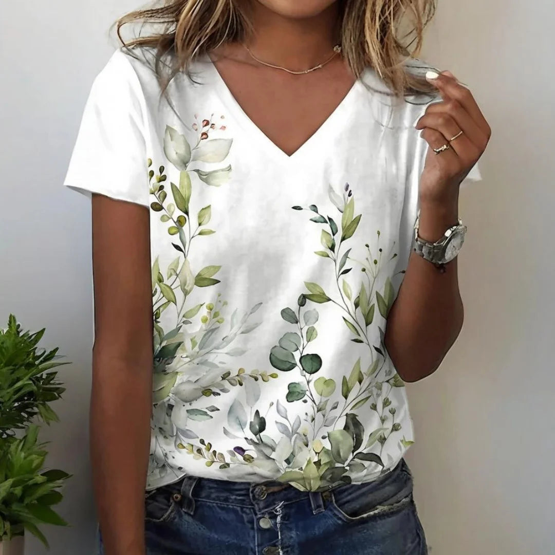 T-shirt femme été décontracté extérieur col en v blouse à manches courtes motif imprimé polyvalent grande taille ample confortable court