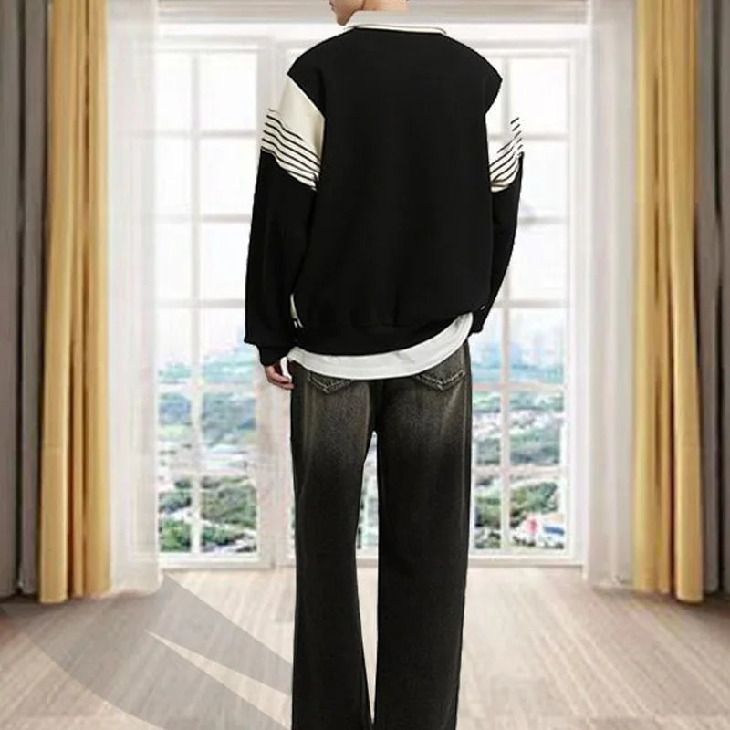 Pull rayé à manches longues pour hommes, demi-fermeture éclair, col polo, plus gros, décontracté, édition coréenne, printemps et automne, nouveau, 2024