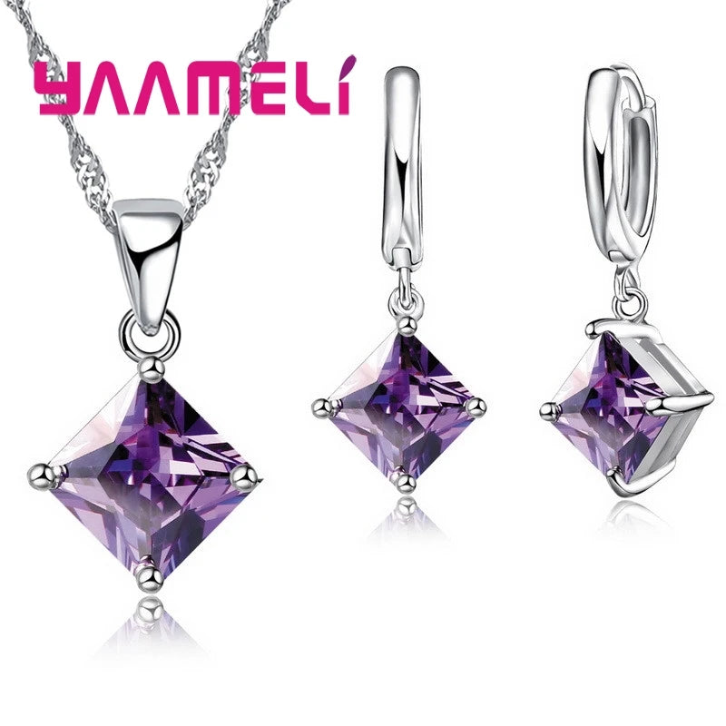 Ensembles de bijoux en argent regardé 925 pour femmes, boucles d'oreilles carrées à géométrie simple, collier en cristal,