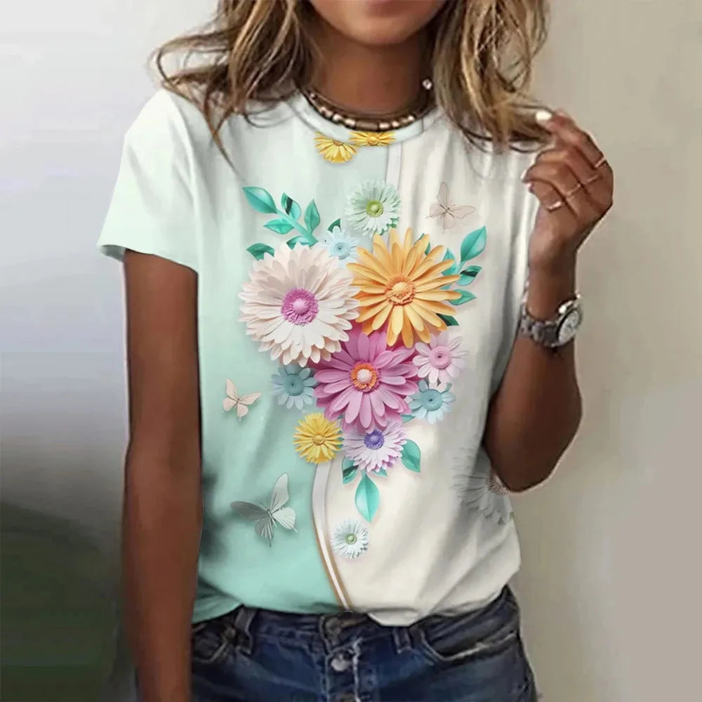 T-shirt manches courtes col rond femme, estival et surdimensionné, avec motif Floral et fleur papillon imprimé en 3D, Y2k, Harajuku, vêtements féminins, nouvelle collection