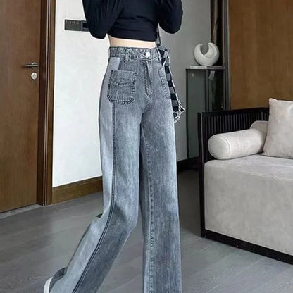 Jean Gris avec Poches pour Femme, Pantalon Taille Haute, Jambes Droites, FjStreetwear des Années 90, Chic et Élégant, Bon Marché
