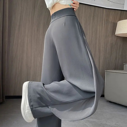 Pantalon à jambes larges en mélange de mousseline de soie pour femmes, taille haute, jambe droite, longueur au sol