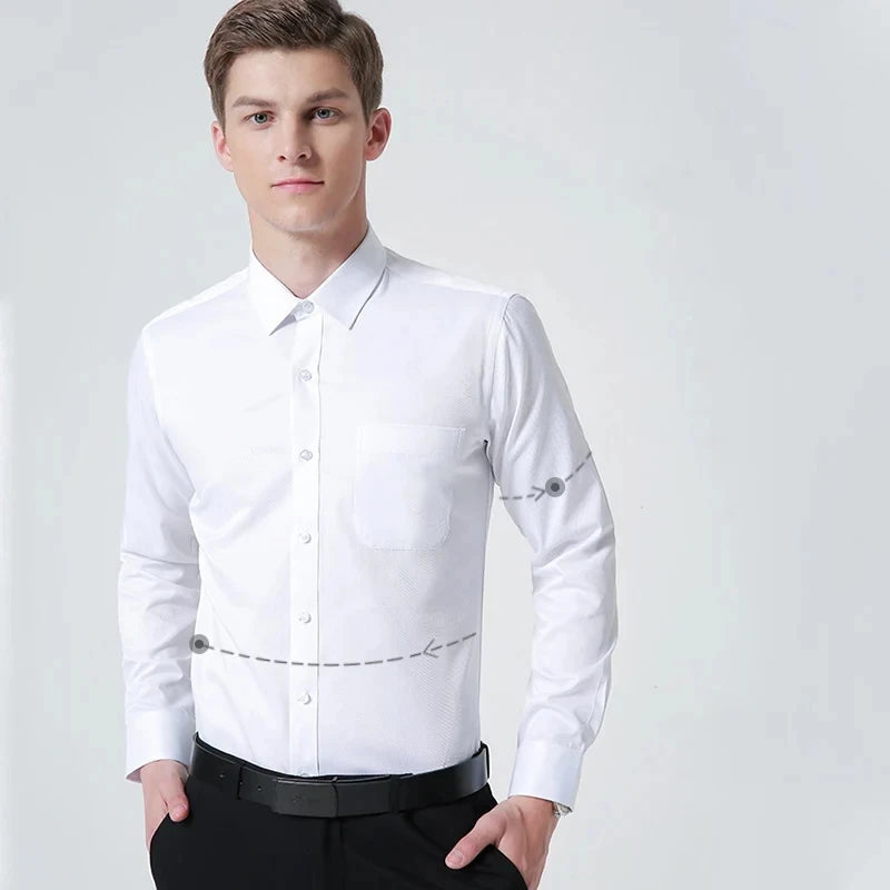 Nouveau coton hommes classique à manches longues robe chemise poche régulière coupe formelle affaires travail bureau décontracté bouton blanc chemises sociales