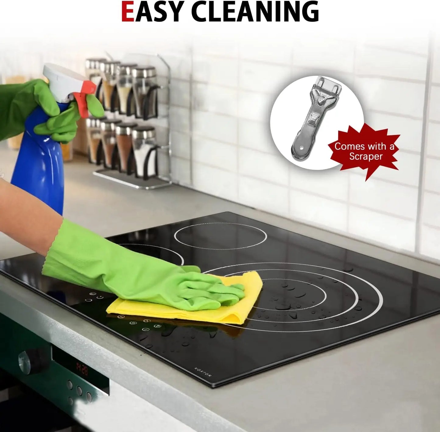 NOXTON Plaque de cuisson en céramique intégrée 3 feux, Table de cuisson électrique en verre cristal noir avec commande tactile, Minuterie, verrouillage pour enfants, 5700w, pas de prise incluse