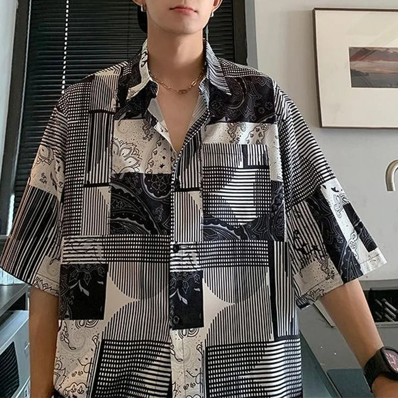 Chemise décontractée à manches courtes pour hommes, rétro artistique, style Hong Kong, imprimé à carreaux rayé, revers respirant, polyvalent, été