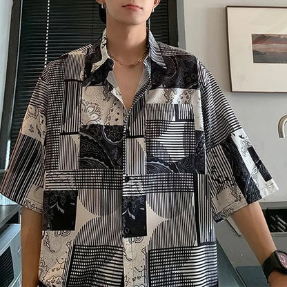 Chemise décontractée à manches courtes pour hommes, rétro artistique, style Hong Kong, imprimé à carreaux rayé, revers respirant, polyvalent, été