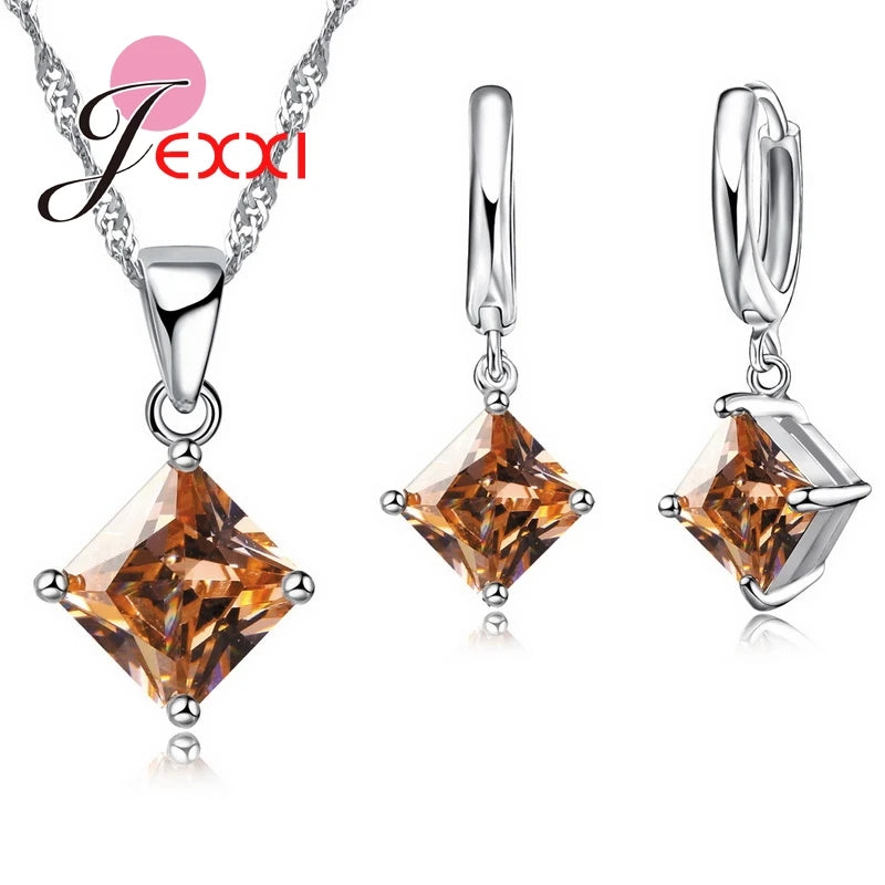Ensemble de bijoux de mariage en argent regardé 925 pour femme, beaux pendentifs, colliers et boucles d'oreilles, ensembles de bijoux en cristal clairs et carrés, 8 couleurs