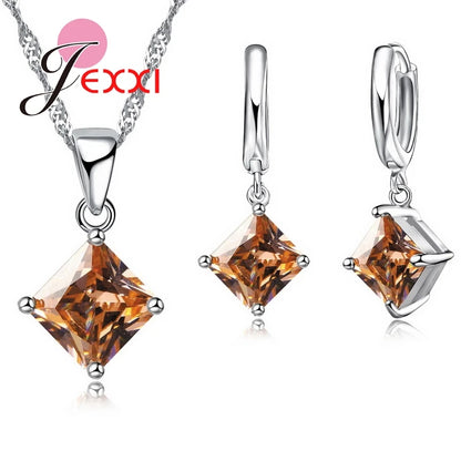 Ensemble de bijoux de mariage en argent regardé 925 pour femme, beaux pendentifs, colliers et boucles d'oreilles, ensembles de bijoux en cristal clairs et carrés, 8 couleurs