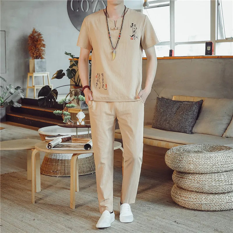 (Chemise + pantalon) 2024 été nouveau style mode hommes chemise à manches courtes chemises hommes ensembles chemises en coton mâle deux pièces M-5XL