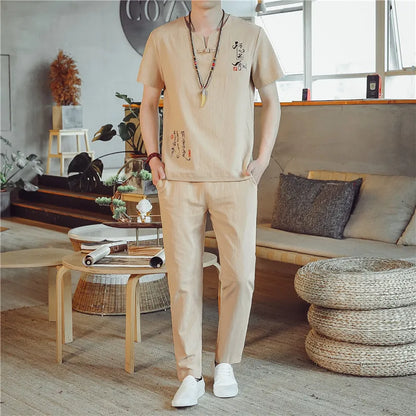 (Chemise + pantalon) 2024 été nouveau style mode hommes chemise à manches courtes chemises hommes ensembles chemises en coton mâle deux pièces M-5XL