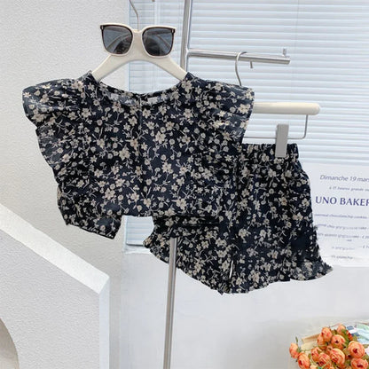 BEAR LEADER-Ensemble de vêtements pour filles, tenue d'été en mousseline de soie, motif floral, col licou + short brodé, en paille, pour enfants, 2023