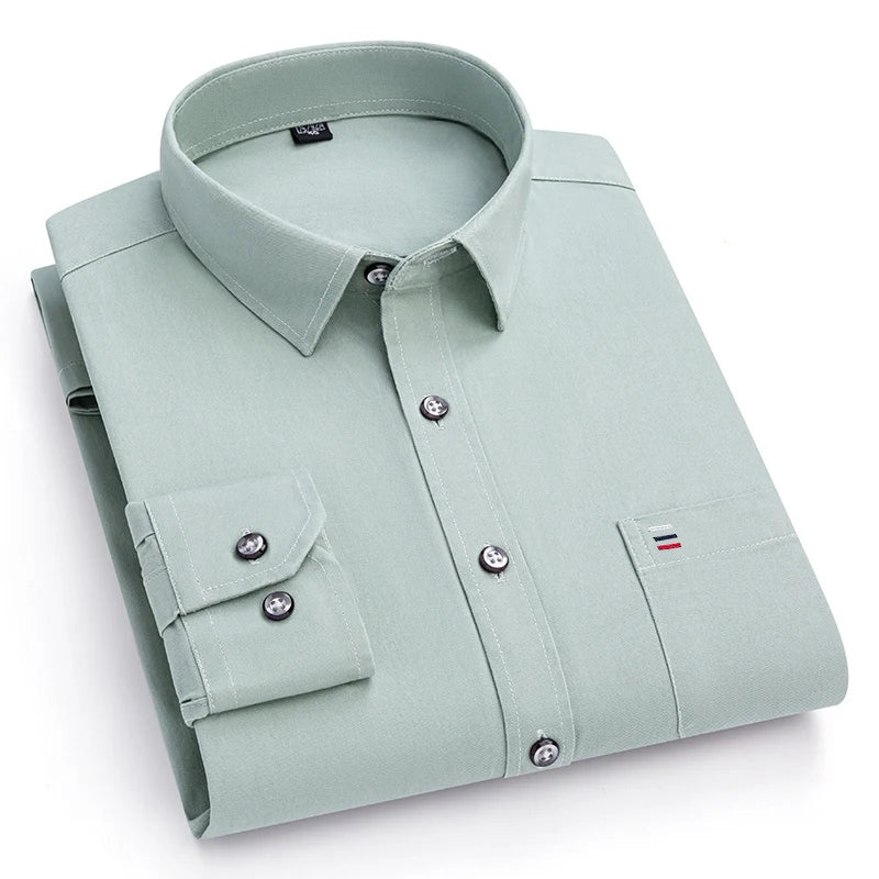 Nouveau 100% pur coton hommes chemises manches longues couleur unie doux coupe régulière chemise décontractée poche Social Blouse hommes vêtements S-7XL