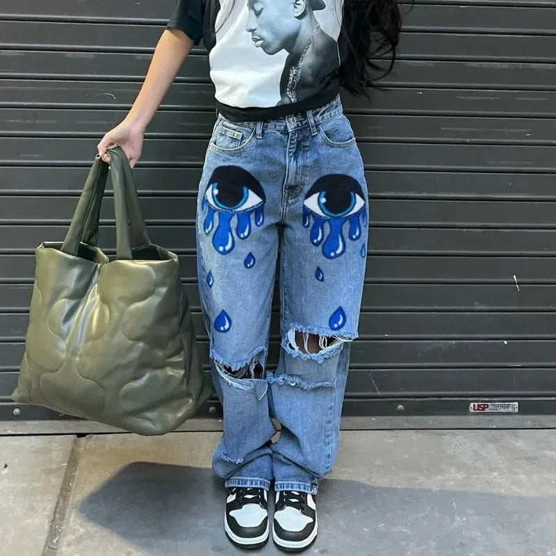 Jean Denim Imprimé Coeur pour Femme, Denim Découpé, Vêtements Danemark die, Streetwear, Taille Haute, Pantalon Baggy, Bleu, Y2k, Harajuku, Mode