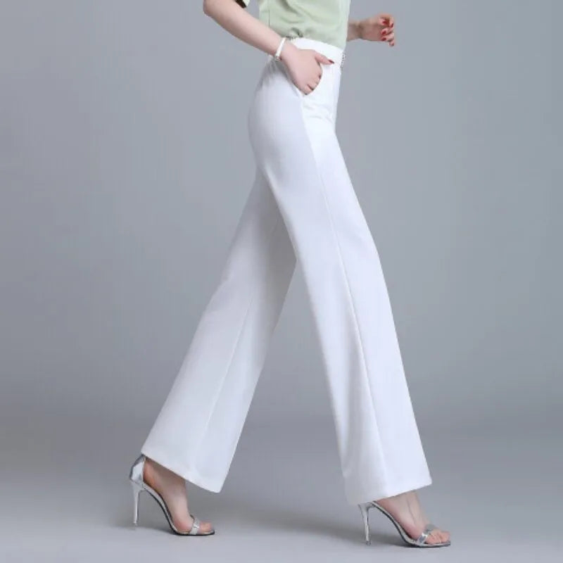 Pantalon à Jambes Larges pour Femme, Slim Ice, artificiel astique, Taille Haute, Poches, Droit, Polyvalent, Court, Printemps, Été, Nouveau