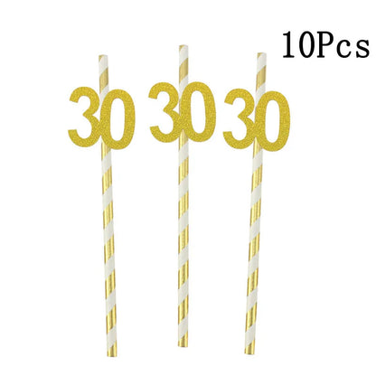 Pailles en papier à rayures dorées, 1 sac, numéro 30e 40e 50e 60e, lunettes à ceinture, pailles à boissons joyeux anniversaire pour adultes, décoration de fête en ballon
