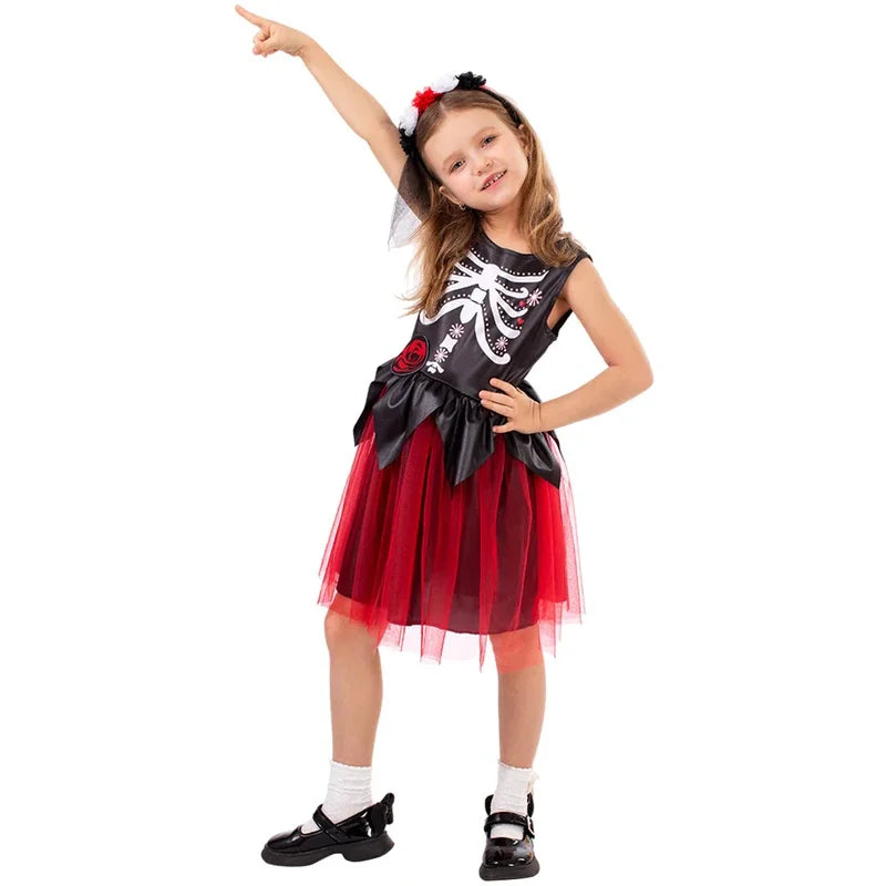 Robes de Cosplay effrayantes pour femmes, robes de soirée Vintage sans manches, crâne de sorcière, jour des morts, Halloween #   1 #   W.