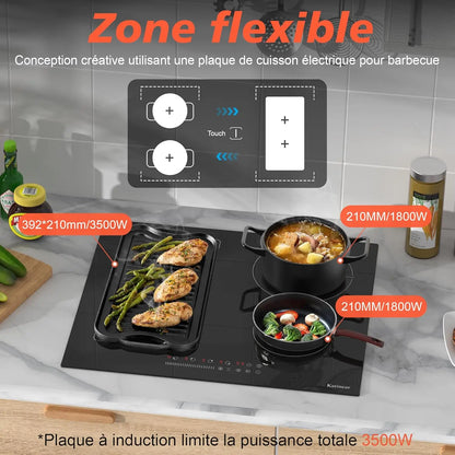Karinear Plaque Induction Flexzone avec Prise, Plaque de Cuisson Induction 60 cm Encastrable avec Commande Tactile, Minuterie, Sécurité enfant, Boost, 220V-240V, 3500W