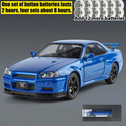 1:24 GTR R34 Skylin Diecast Modèle En Métal De Voiture Son Et Lumière Tirer Supercar Sport Racing Collection Loisirs Vacances Cadeau Garçon