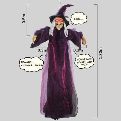 Décor de sorcière suspendu pour Halloween, squelette avec son, yeux rouges brillants, sorcière parlante effrayante, décorations d'halloween, accessoires de maison hantée