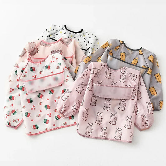 Bavoir imperméable à manches longues pour bébés, bandana coloré de dessin animé mignon, tablier de dessin pour enfants, bavoir d'auto-alimentation pour bébé