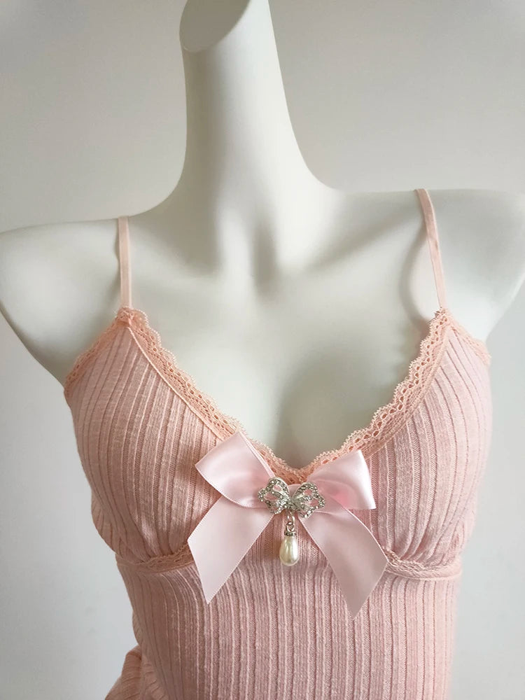 Camis mignon solide haut court femmes été nœud extensible hauts courts pour filles douces Kawaii vêtements