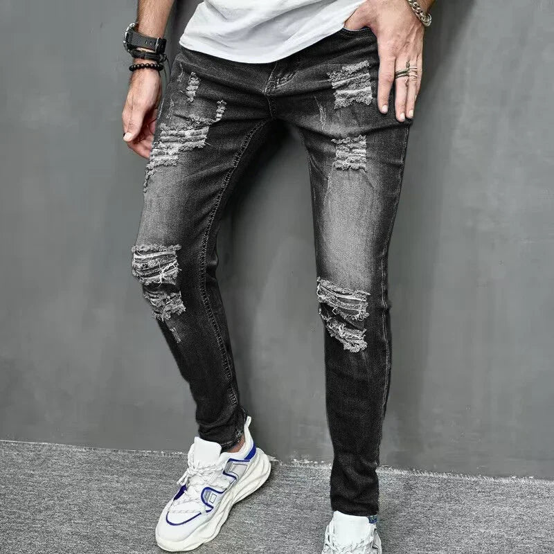 Jean slim déchiré personnalisé pour hommes, nouveau Style, couleur unie, extensible, petit pied, Streetwear, pantalon en Denim pour moto, 2024