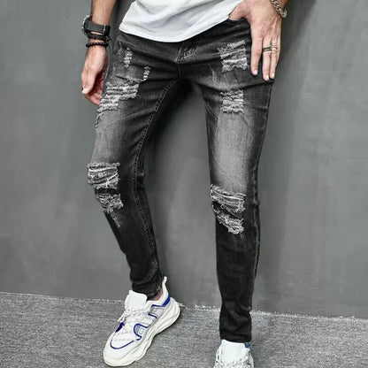 Jean slim déchiré personnalisé pour hommes, nouveau Style, couleur unie, extensible, petit pied, Streetwear, pantalon en Denim pour moto, 2024