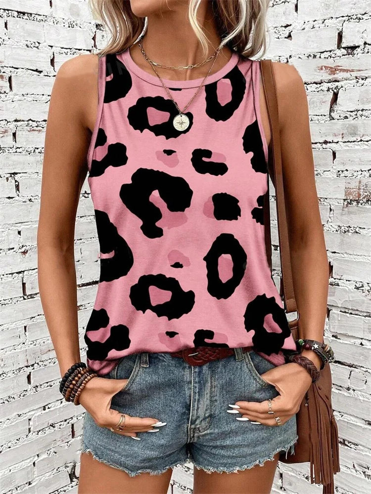 Débardeur d'été Sexy imprimé léopard en 3D pour femmes, mode col rond, gilet décontracté, épaules dénudées, Y2k, haut sans manches, Camisole, vêtements pour femmes