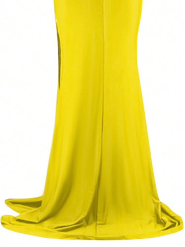 Robe de soirée classique à fente haute pour femmes, couleur unie, Maxi, longue, avec manches, robes de soirée élégantes pour demoiselle d'honneur de mariage, 2025
