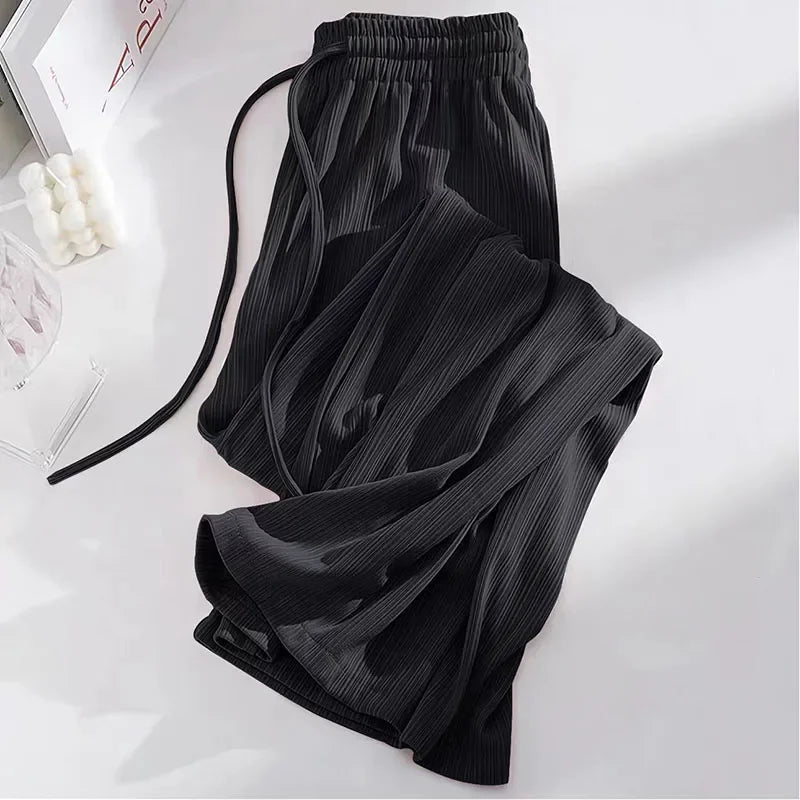 Pantalon droit en soie glacée pour femme, mode, taille haute, jambes larges, couleur unie, sensation d'affaissement, Baggy, décontracté, été