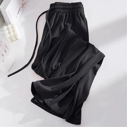 Pantalon droit en soie glacée pour femme, mode, taille haute, jambes larges, couleur unie, sensation d'affaissement, Baggy, décontracté, été